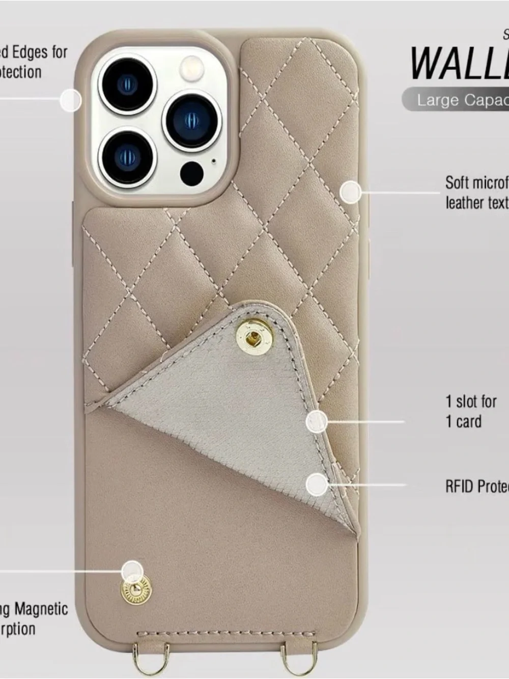 NWOT Quilted  Beige Crossbody Phone Case with  Strap for IPHONE 13 PRO MAX